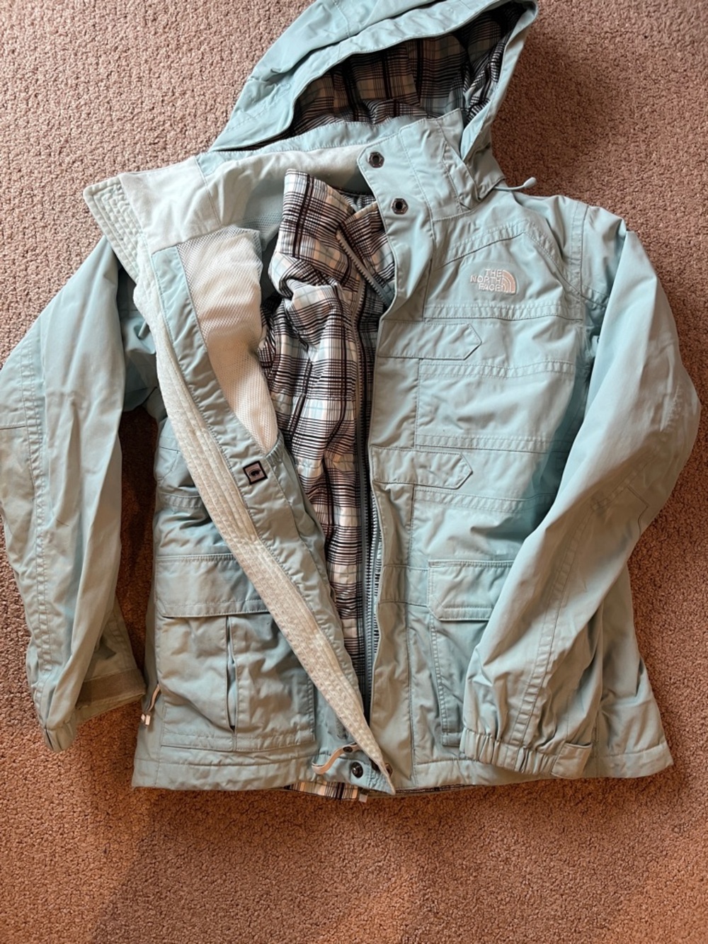 The North Face Light Blue Hooded Jacket with Plaid Lining